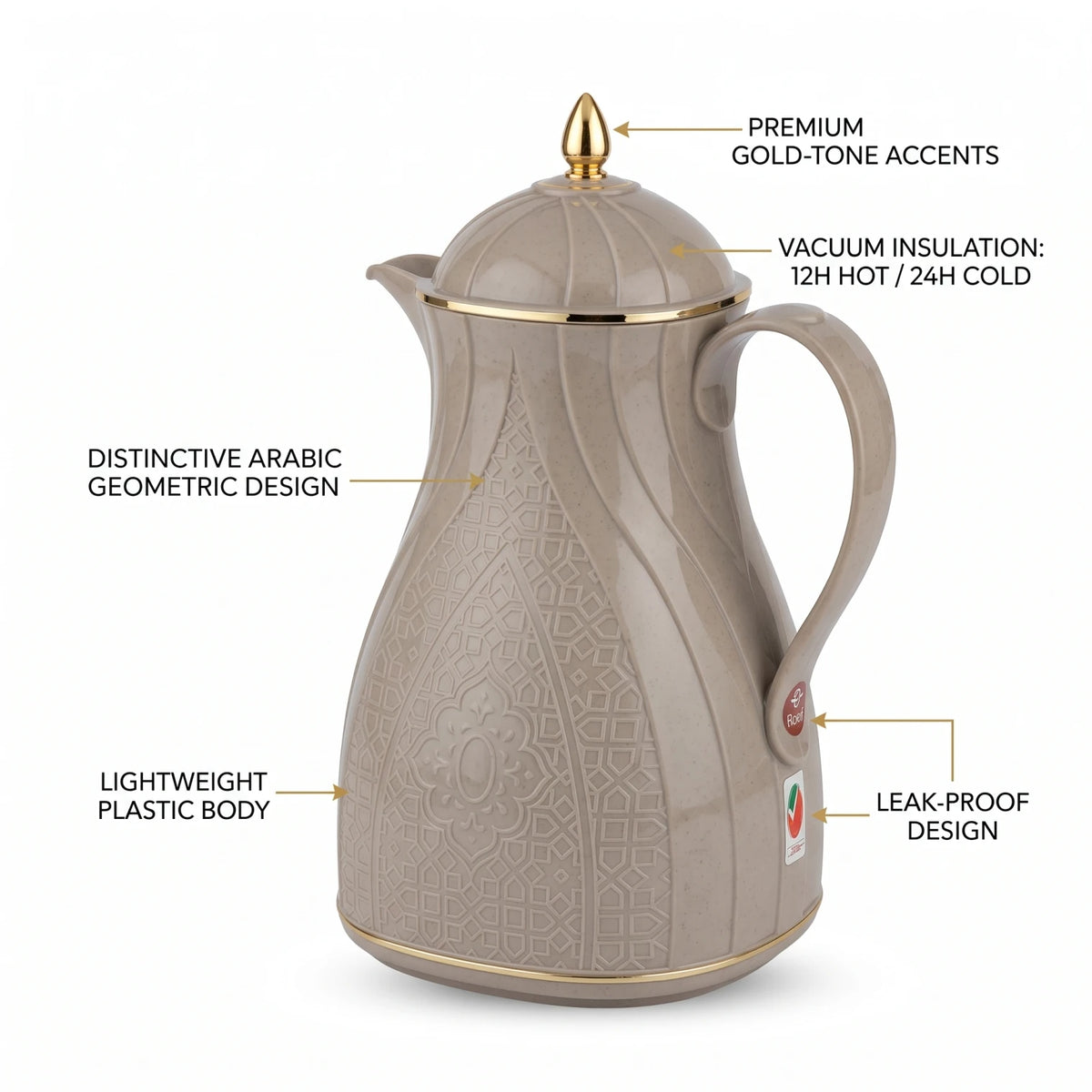 Rose Warm Grey Premium Vacuum Flask 1L – Arabic Geometric Design, Gold-Tone Accents, Leak-Proof Tea and Coffee Flask