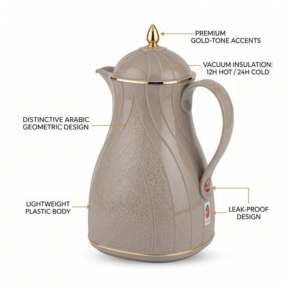 Rose Warm Grey Premium Vacuum Flask 1L – Arabic Geometric Design, Gold-Tone Accents, Leak-Proof Tea and Coffee Flask