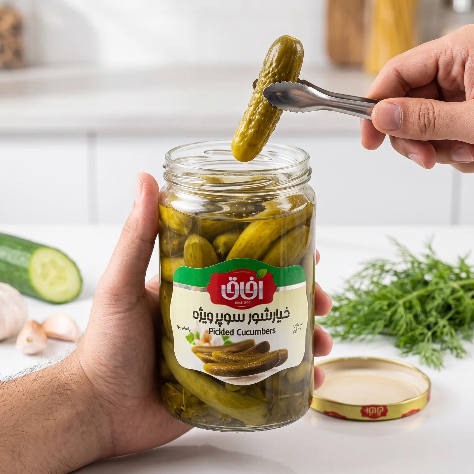 Afagh Pickled Cucumber 680 Grams – Pasteurized Green Cucumbers in Brine, Glass Jar