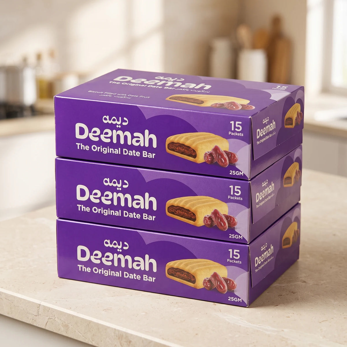 Deemah The Original Date Bar 3 Boxes, 45 Date-Filled Biscuit Bars, 25g Each | Biscuit Filled with Date Fruit