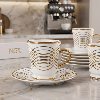 NGT 12 Pieces Fine Porcelain Cups and Saucers Set – 6 Cups & 6 Saucers | White Gold and Black Detail | Tea and Coffee Serving