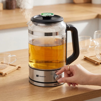 Moxcuo Aeris 1.5L Electric Steam Tea Brewer – Glass Carafe | Manual, Automatic & Insulation Modes | BPA-Free Eco-Friendly PP Lid