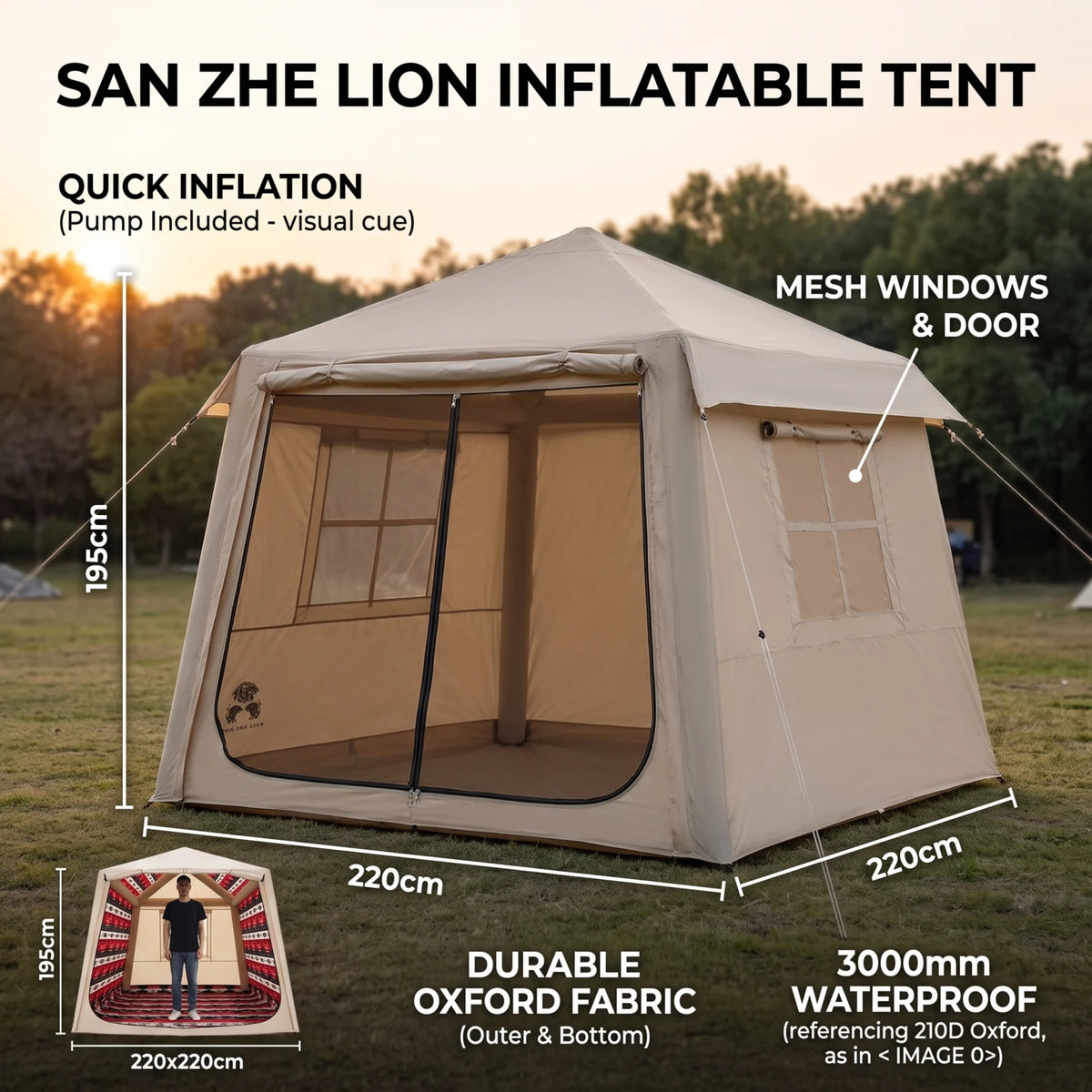 SAN ZHE LION Dark Beige Large Inflatable Tent – 195 x 220 x 220 cm | Mesh Windows, Door and Peaked Roof | Outdoor Camping Shelter