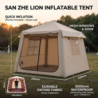 SAN ZHE LION Dark Beige Large Inflatable Tent – 195 x 220 x 220 cm | Mesh Windows, Door and Peaked Roof | Outdoor Camping Shelter