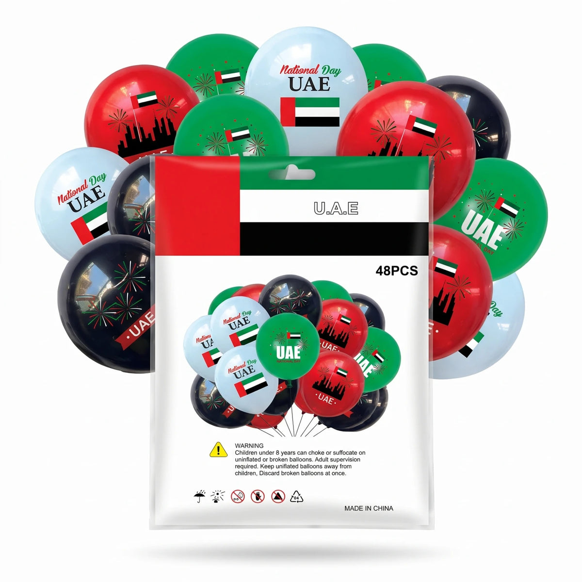 48 Pieces UAE National Day Baloons – Assorted UAE Flag Designs | Red, Green, Black, White & Blue Party Decorations
