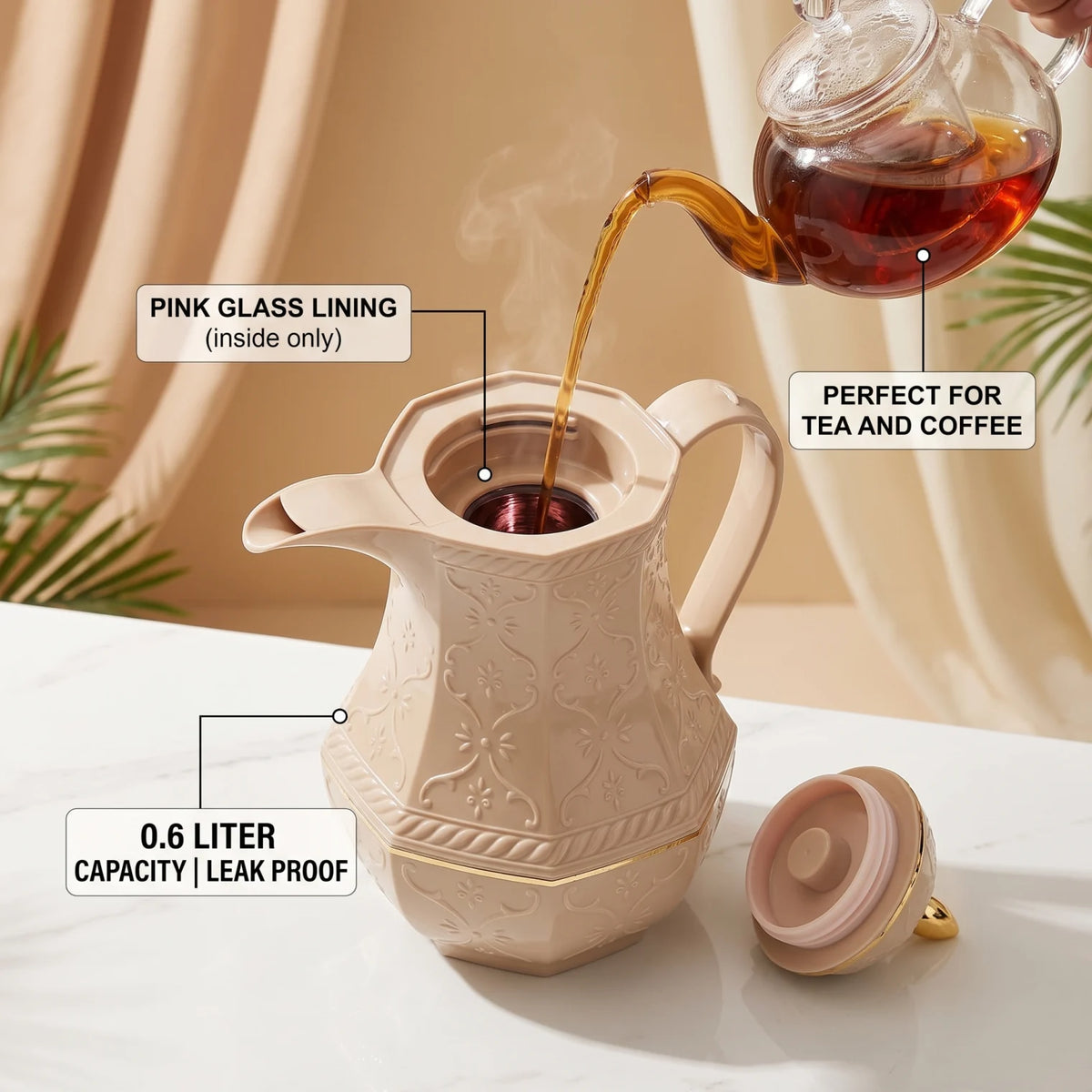 Rose Sand-beige Premium Vaccum Flask 0.6L | Ornate Floral Pattern | Plastic Body | Leak Proof Tea and Coffee Flask