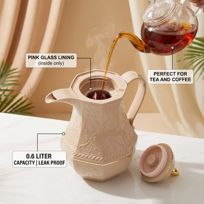 Rose Sand-beige Premium Vaccum Flask 0.6L | Ornate Floral Pattern | Plastic Body | Leak Proof Tea and Coffee Flask