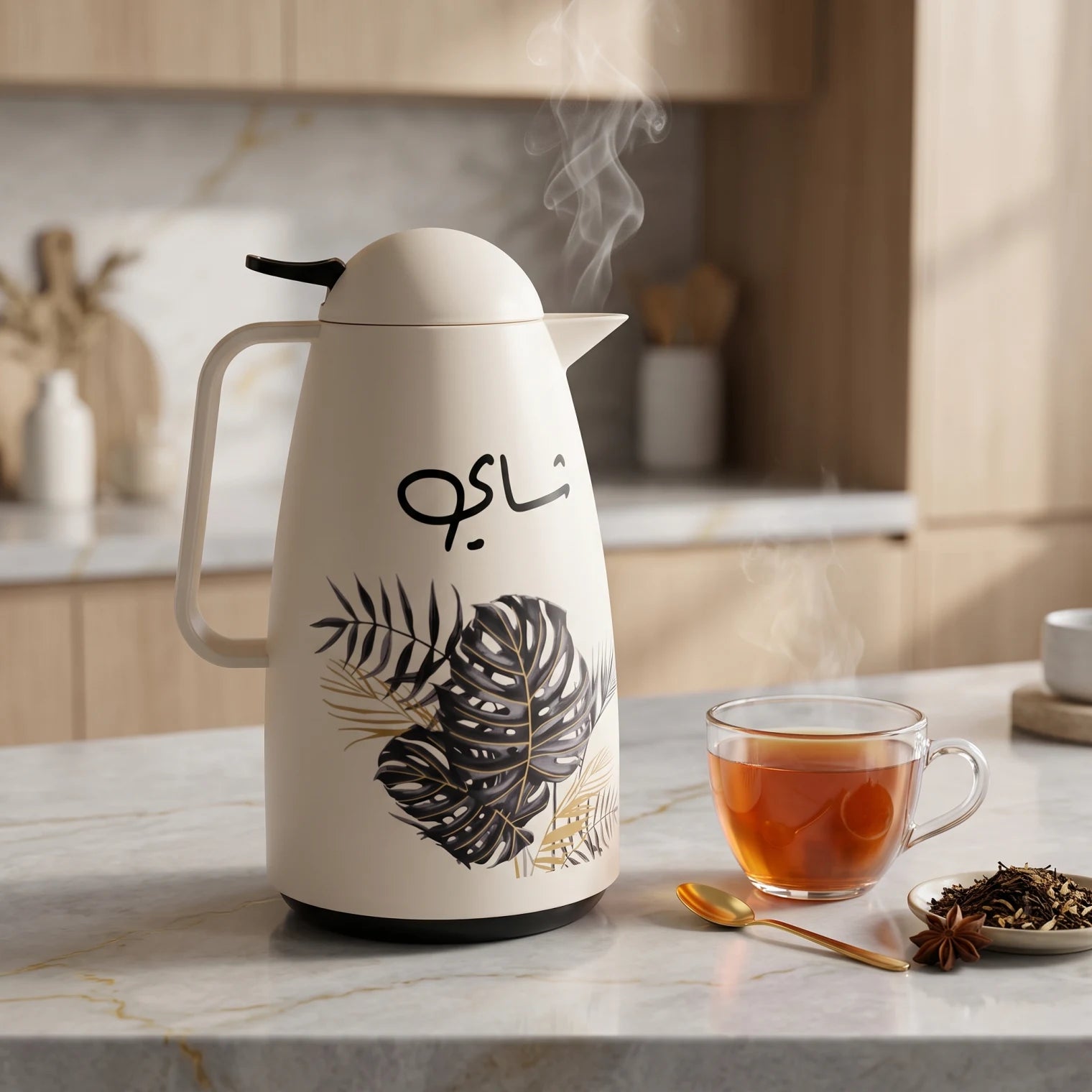 Crystal House vaccum flask – 1 Liter | Tropical Leaf Pattern | Arabic Chai Calligraphy | Leak Proof Tea and Coffee Flask