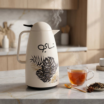 Crystal House vaccum flask – 1 Liter | Tropical Leaf Pattern | Arabic Chai Calligraphy | Leak Proof Tea and Coffee Flask
