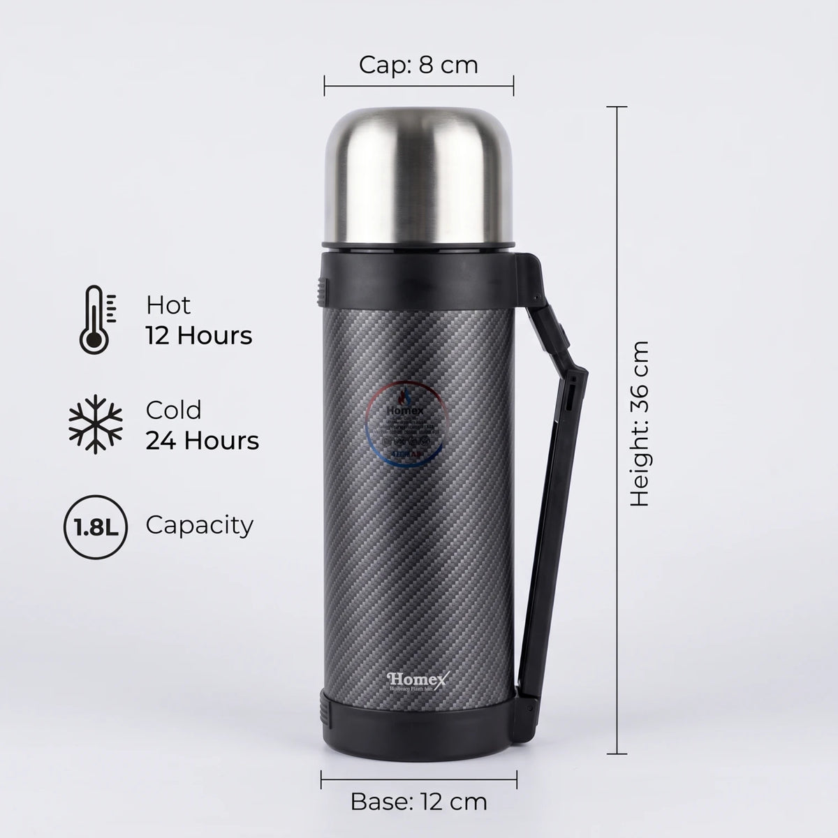 Homex Stainless Steel Insulated Beverage Flask 1.8L – Black and Silver | Handle, Hot 12 Hours, Cold 24 Hours