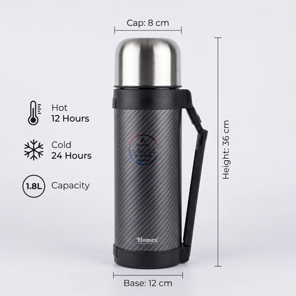Homex Stainless Steel Insulated Beverage Flask 1.8L – Black and Silver | Handle, Hot 12 Hours, Cold 24 Hours