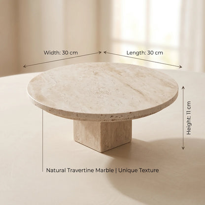 Round Natural Travertine Marble Stand with Base – 30 x 30 x 11 cm | Off-White Beige Pedestal Design