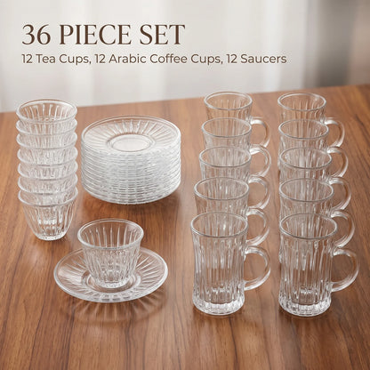 Golden Home 36-Piece Glass Cups and Saucers Set – 12 Tea Cups, 12 Arabic Coffee Cups, 12 Saucers | Clear Ribbed Design for Serving