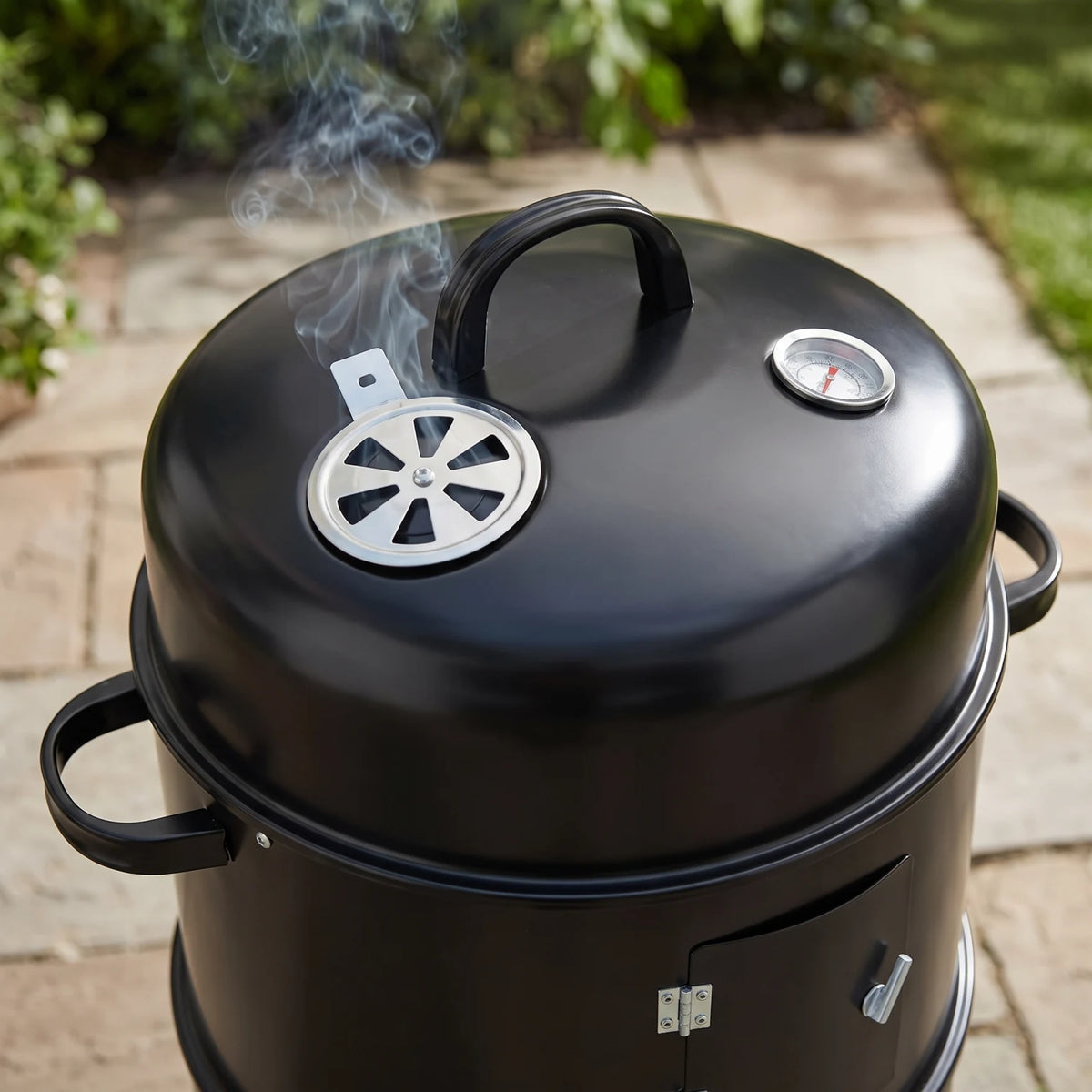 3-in-1 Vertical Charcoal Smoker Grill Black - Heavy Duty Portable Outdoor BBQ with Smoking Function, Built-in Thermometer, Air Vent & Domed Lid