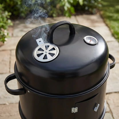 3-in-1 Vertical Charcoal Smoker Grill Black - Heavy Duty Portable Outdoor BBQ with Smoking Function, Built-in Thermometer, Air Vent & Domed Lid
