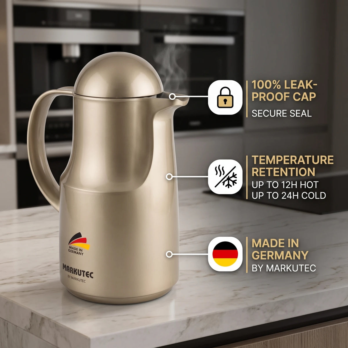 Markutec German-made Gold Vaccum Flask 0.5 Litre | Leak-Proof Tea and Coffee Flask | Keeps Drinks Hot or Cold