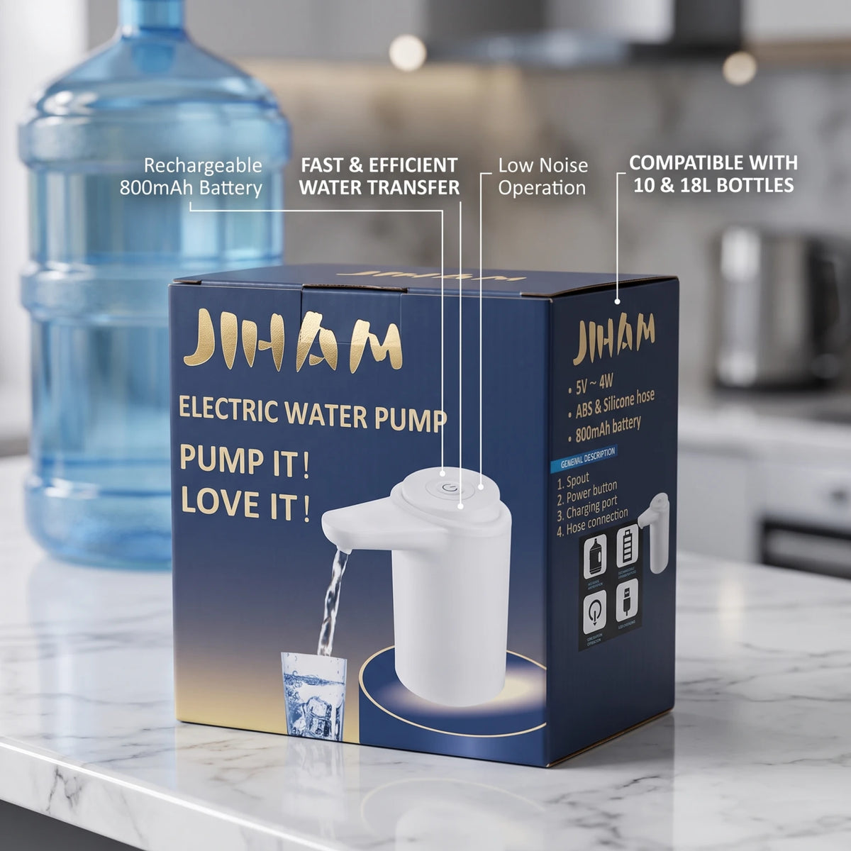 Electric Water Pump for Water Bottles – White Dispenser for Glasses