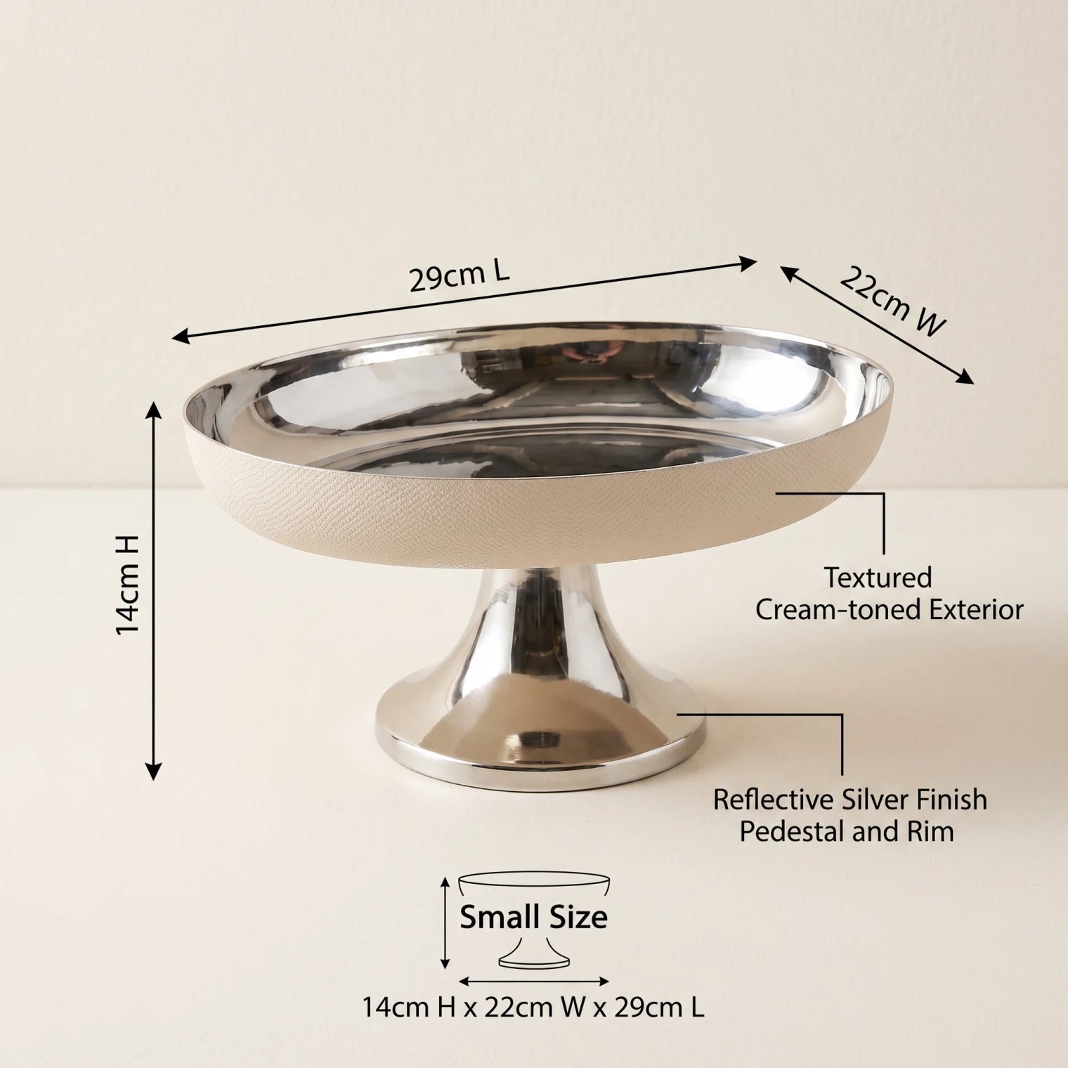 Cream Metal luxury stand (small) – 14cm H x 22cm W x 29cm L | Raised Cake Stand | Silver and Beige Finish