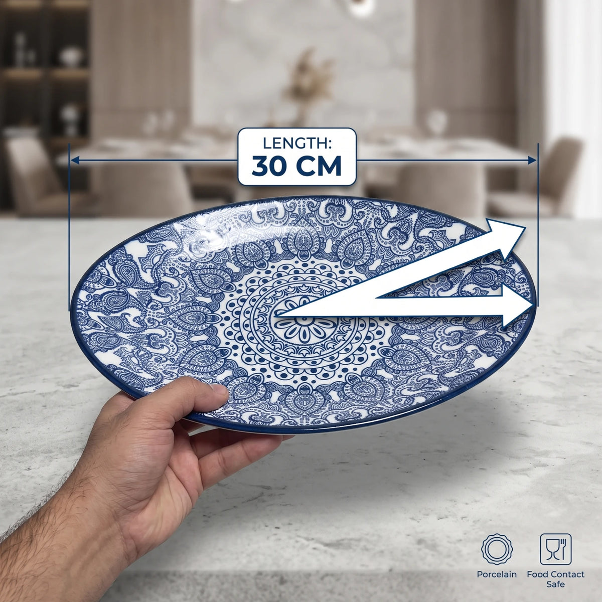 Che Brucia Oval porcelain plate – 30 CM or 35 CM | Green or Blue | Glossy Decorative Porcelain Serving Plate with Raised Rim and Ornamental Pattern - Blue / 30 CM - Image 2