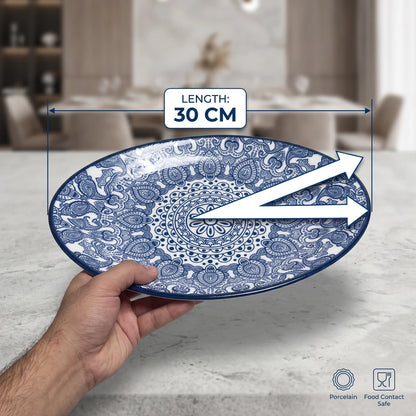 Che Brucia Oval porcelain plate – 30 CM or 35 CM | Green or Blue | Glossy Decorative Porcelain Serving Plate with Raised Rim and Ornamental Pattern - Blue / 30 CM - Image 2