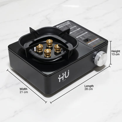 HU TOUR Portable Gas Stove Black – 28 x 21 x 13 cm | Burner Assembly, Pot Supports and ON/OFF Control Knob | Portable Cooking Stove