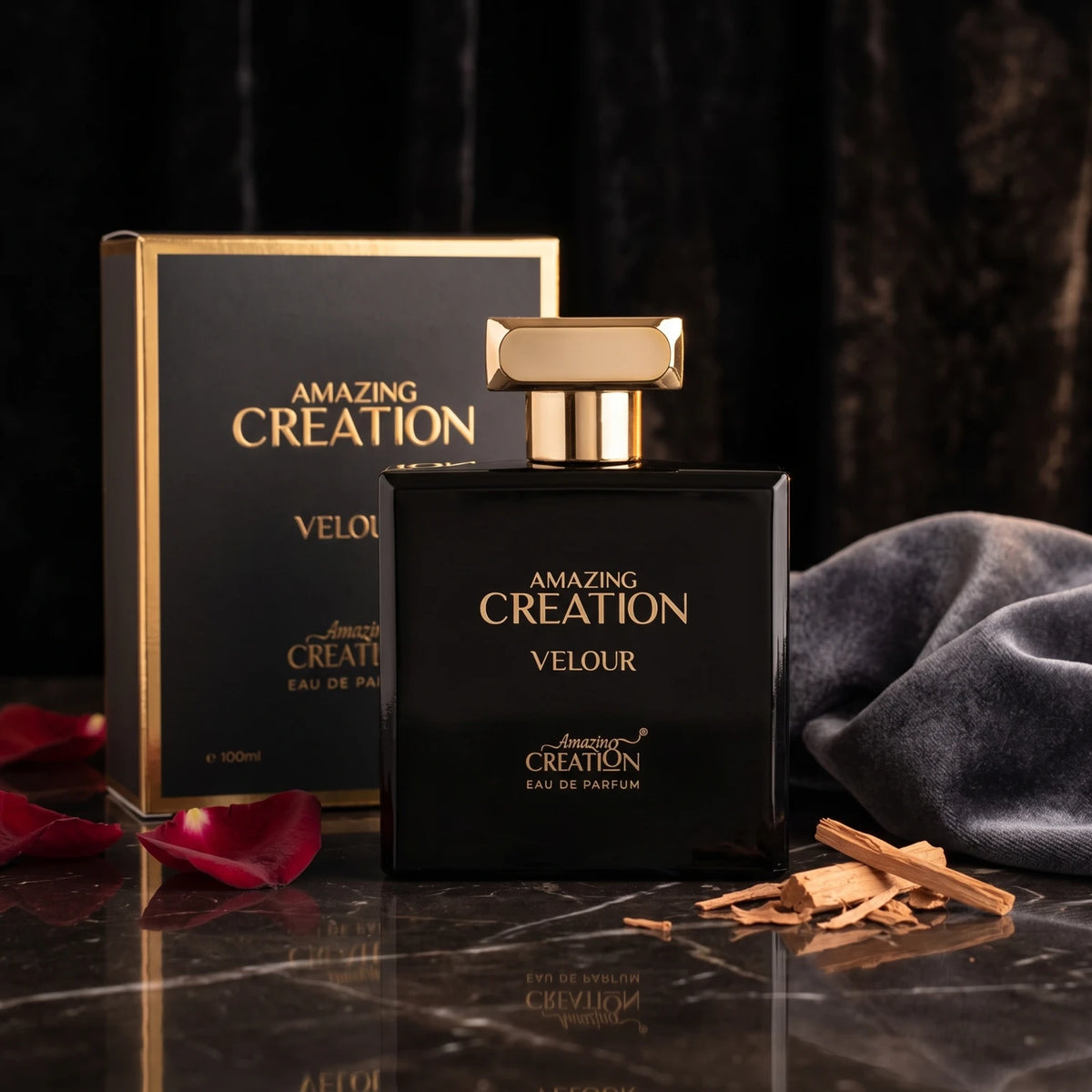 Amazingo AMAZING CREATION Velour Eau de Parfum 100 ML – Black Rectangular Bottle with Gold-Tone Cap