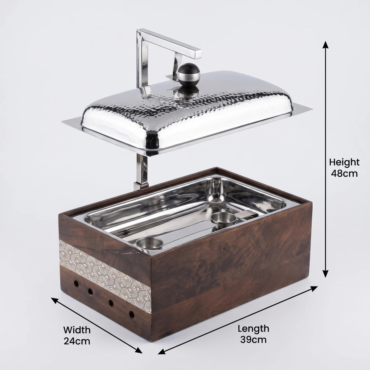 Dallah Addar Luxury Rectangular Wooden and Steel Chafing Dish – 48 x 24 x 39cm | Decorative Serving Piece with Ornamental Detail