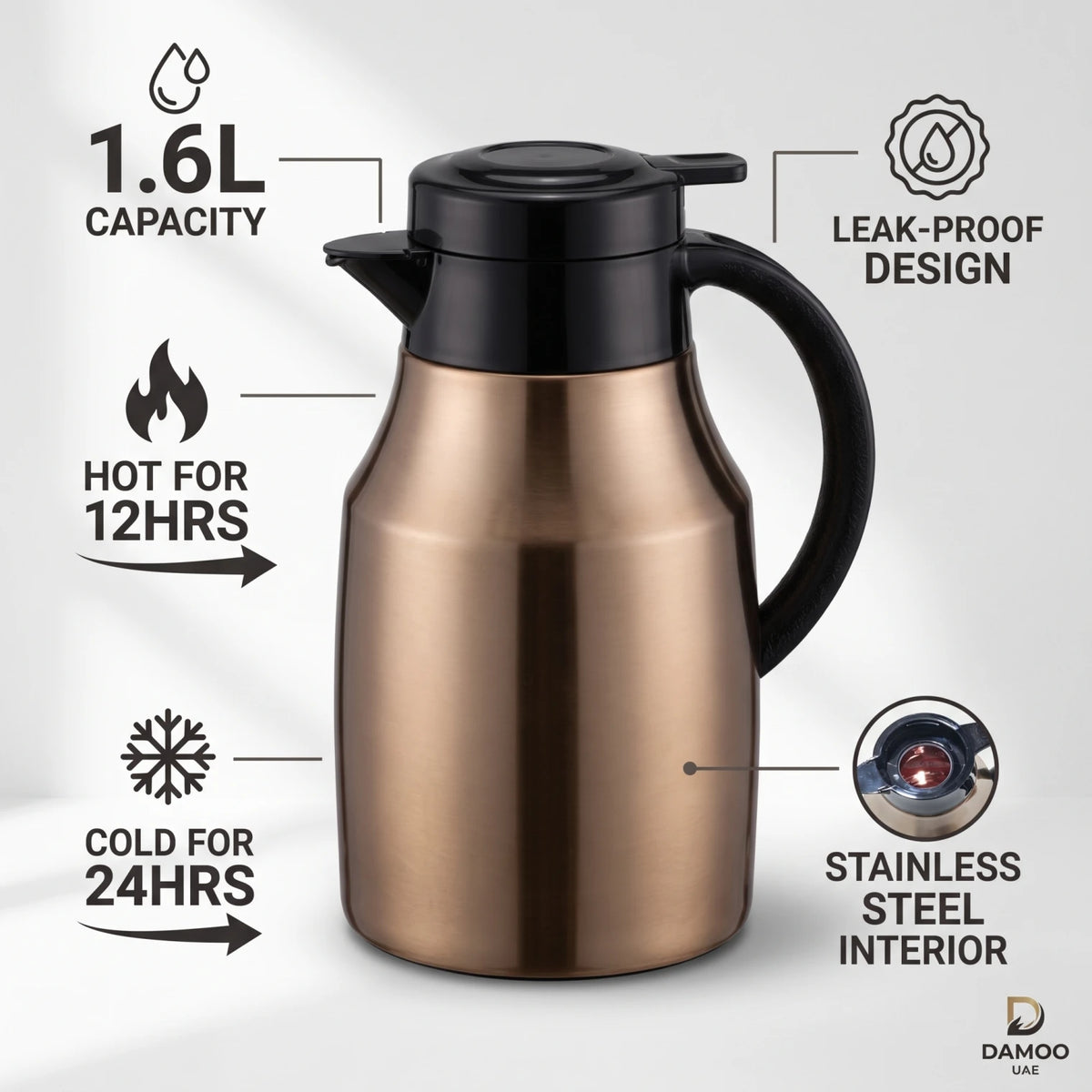 Regal Stainless Steel Vacuum Jug 1.6L – Bronze Body, Leak-Proof Design for Tea and Coffee