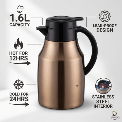 Regal Stainless Steel Vacuum Jug 1.6L – Bronze Body, Leak-Proof Design for Tea and Coffee