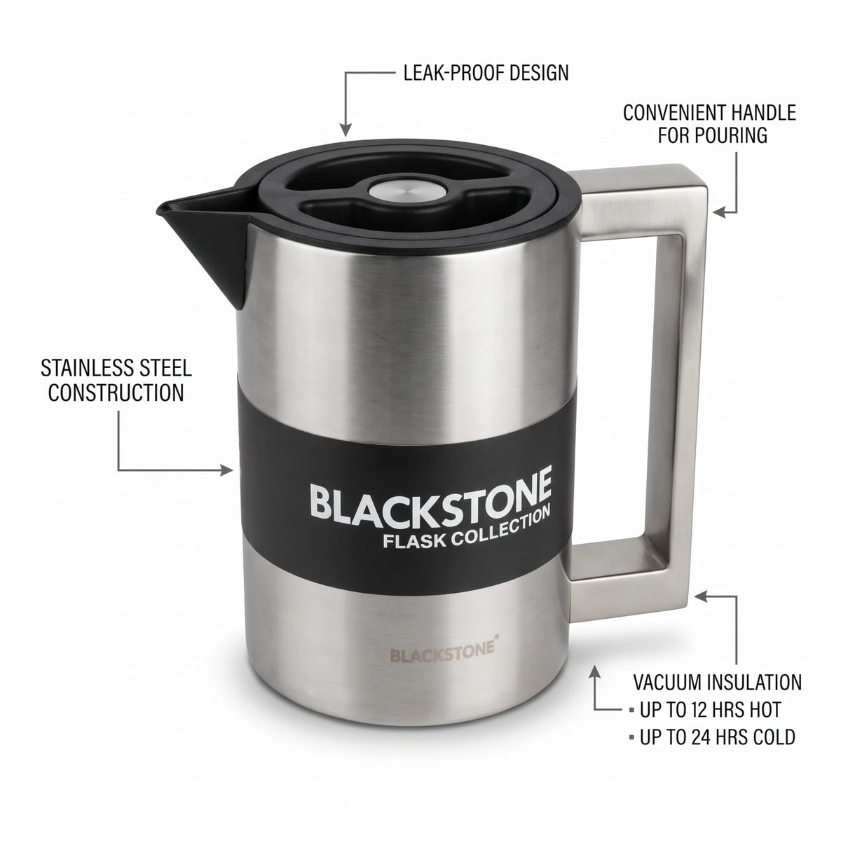 BLACKSTONE Stainless Steel Vacuum Flask – 1.0 Liter | 12-Hour Hot, 24-Hour Cold | Leak-Proof Tea and Coffee Flask