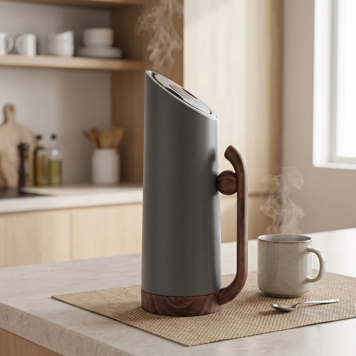 MAHRA Dark Grey vaccum flask – 0.8 Liter Plastic Body | Wood Grain Handle & Base | Leak Proof Tea and Coffee Flask
