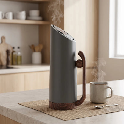MAHRA Dark Grey vaccum flask – 0.8 Liter Plastic Body | Wood Grain Handle & Base | Leak Proof Tea and Coffee Flask