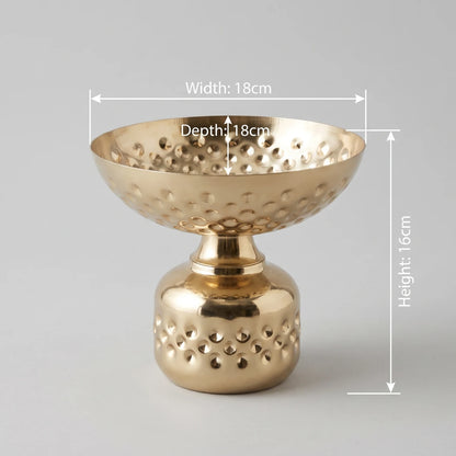 Gold-Toned Metal Decorative Bowl Small – 16 x 18 x 18 cm | Pedestal Base | Embossed Floral Pattern | Reflective Finish