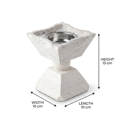 Natural Travertine Stone Madkhan – 13cm | White Textured Body | Silver Recessed Bowl | Stepped Decorative Incense Holder