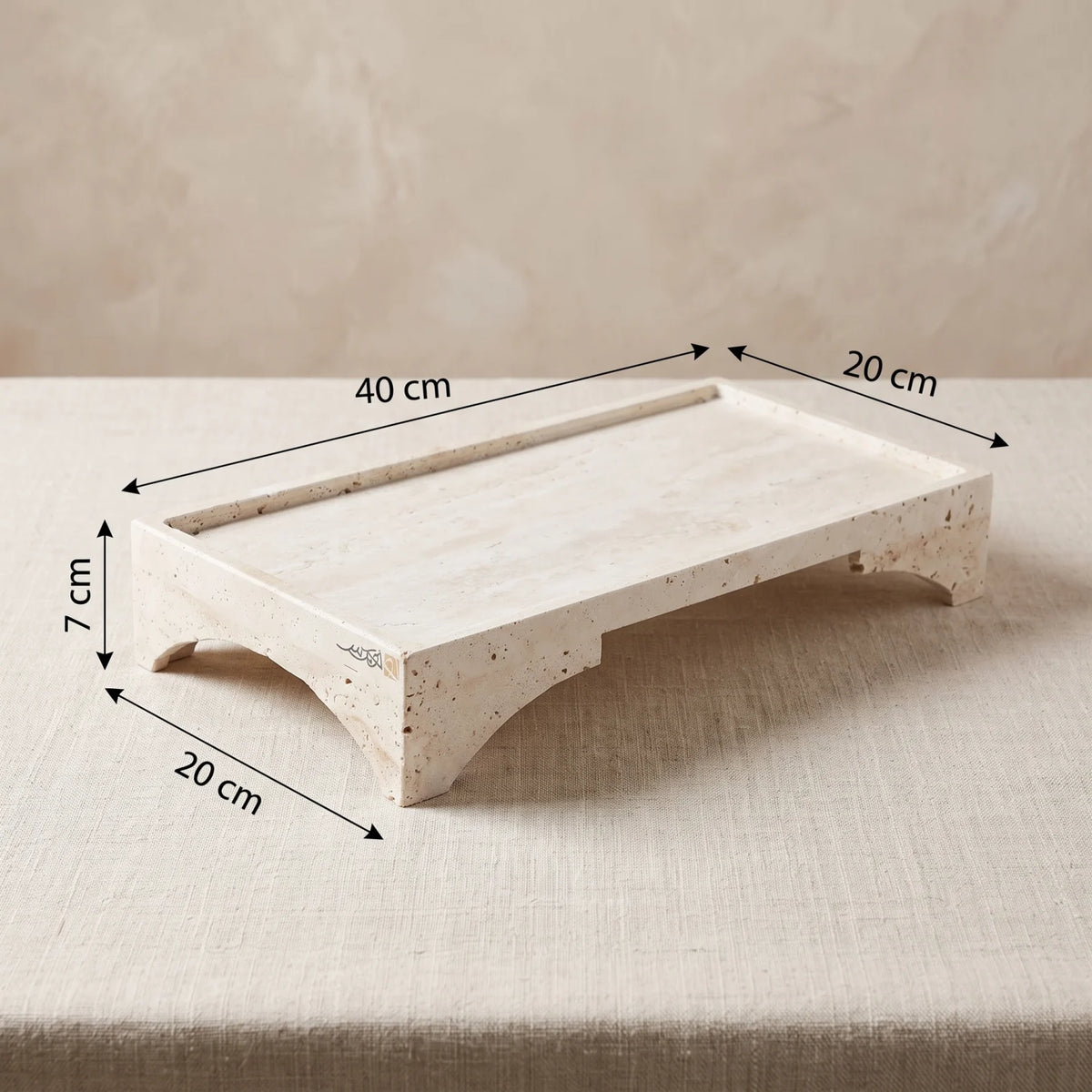 HAMS Natural Travertine Stone Tray Stand – 40cm with Raised Edges | Off-White Decorative Serving Stand