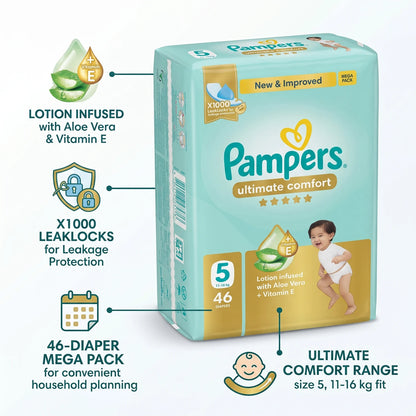 Pampers Ultimate Comfort Baby Disposable Diapers Size 5, 11–16 kg, 46 Diapers | Aloe Vera & Vitamin E Lotion | X1000 LeakLocks | MEGA PACK