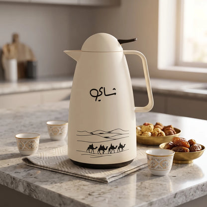 Crystal House Cream-Colored Vacuum Flask 1 Litre – Arabic Desert Artwork, Chai Calligraphy, Leak-Proof Tea & Coffee Flask