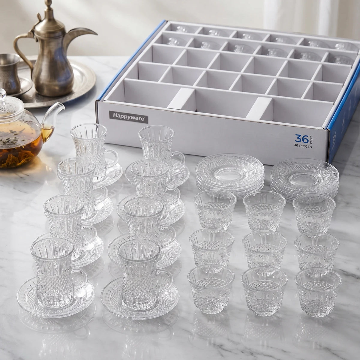 Happy ware 36 Pieces Tea and Coffee Set – 12 Glass Tea Cups, 12 Arabic Coffee Cups & 12 Glass Saucers