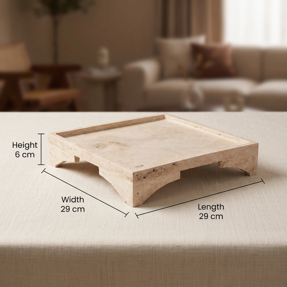 Natural Travertine Marble Tray Stand – 29 x 29 x 6 cm | Decorative Serving and Display Stand