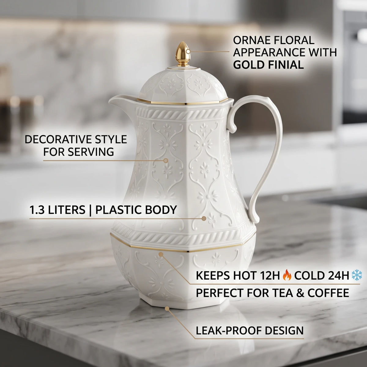 Rose White Premium Vaccum Flask – 1.3 Liters | Leak Proof | Keeps Tea and Coffee Hot for 12 Hours or Cold for 24 Hours