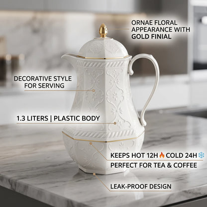 Rose White Premium Vaccum Flask – 1.3 Liters | Leak Proof | Keeps Tea and Coffee Hot for 12 Hours or Cold for 24 Hours