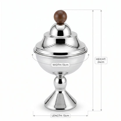 Silver Metal Sugar Bowl with Pedestal Base and Wooden Knob – 24cm Decorative Tabletop Sugar Container