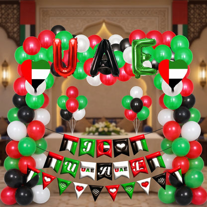 UAE national day baloon set – Red, Green, Black & White Balloons with UAE Letter Balloons and Flag Bunting