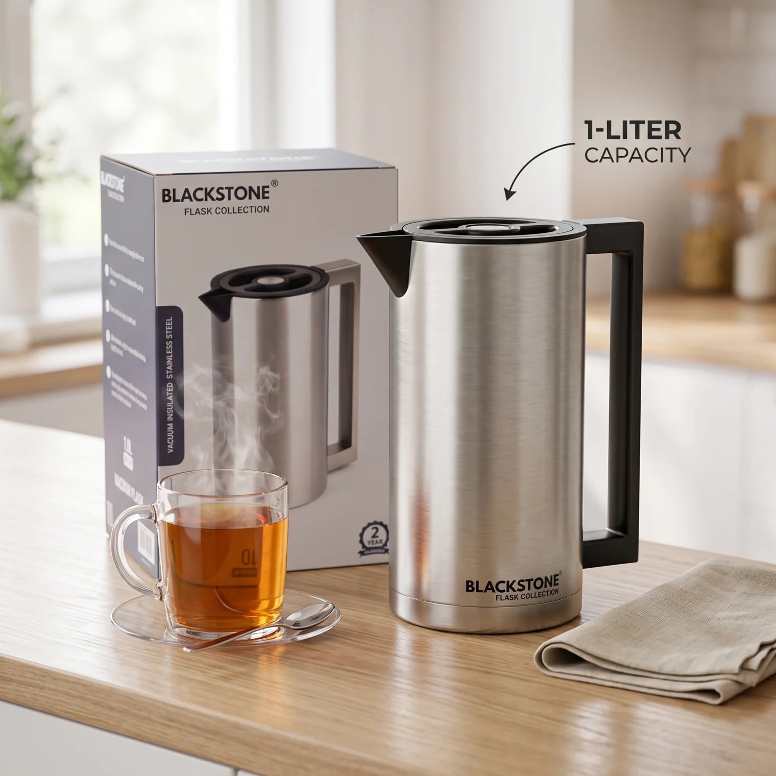 Black stone vacuum flask – 1 Liter | Handle, Spout and Fitted Lid