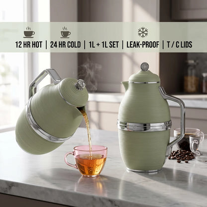 Ripple 2-Piece Matte Green Vacuum Thermal Carafes – 1L + 1L | Tea & Coffee, Leak-Proof, Hot 12 Hours, Cold 24 Hours