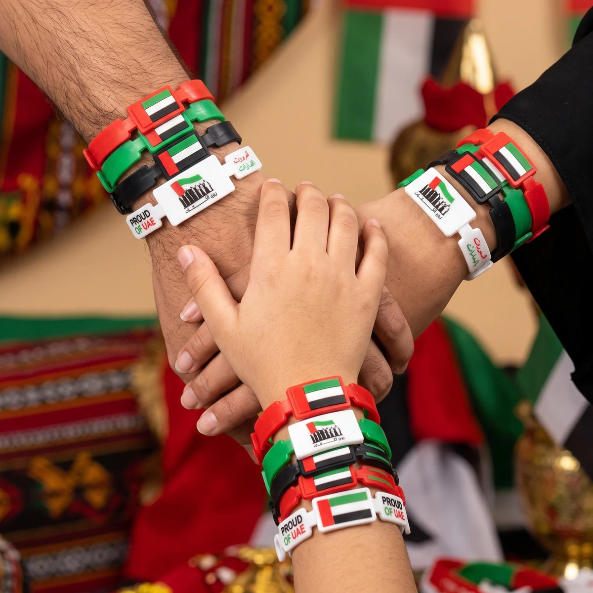 UAE Color Wristbands 12 Pieces Set – Red, Green, Black & White UAE Flag Theme | National Day and Flag Day Celebration Accessories