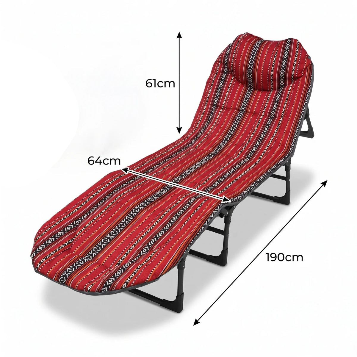 Foldable Outdoor Camping Bed – Red and Black Arabic Sadu Pattern Fabric, 190cm Length, Portable Folding Bed for Outdoor Use