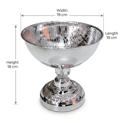 Shiny Silver Metal Decorative Footed Bowl – 18 cm Height, 19 cm Width and Length | Ornate Home Display Accent