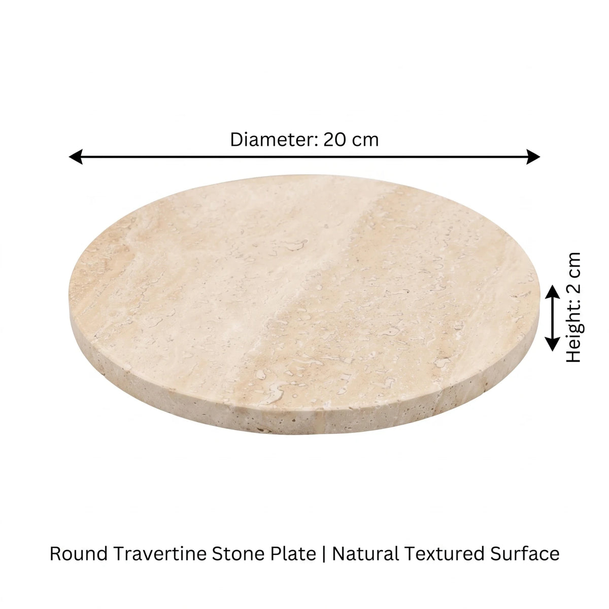 Round Travertine Stone Plate – 20 x 20 x 2 cm | Natural Textured Surface | Decorative Serving Plate