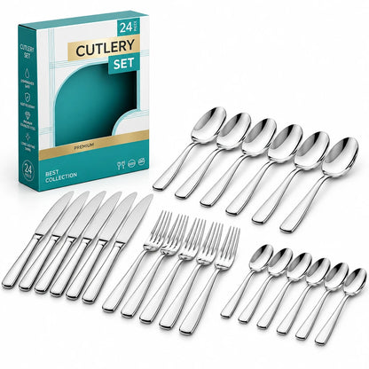 24 Pieces Stainless Steel Cutlery Set – Black and Silver | Forks, Knives and Spoons for Tableware